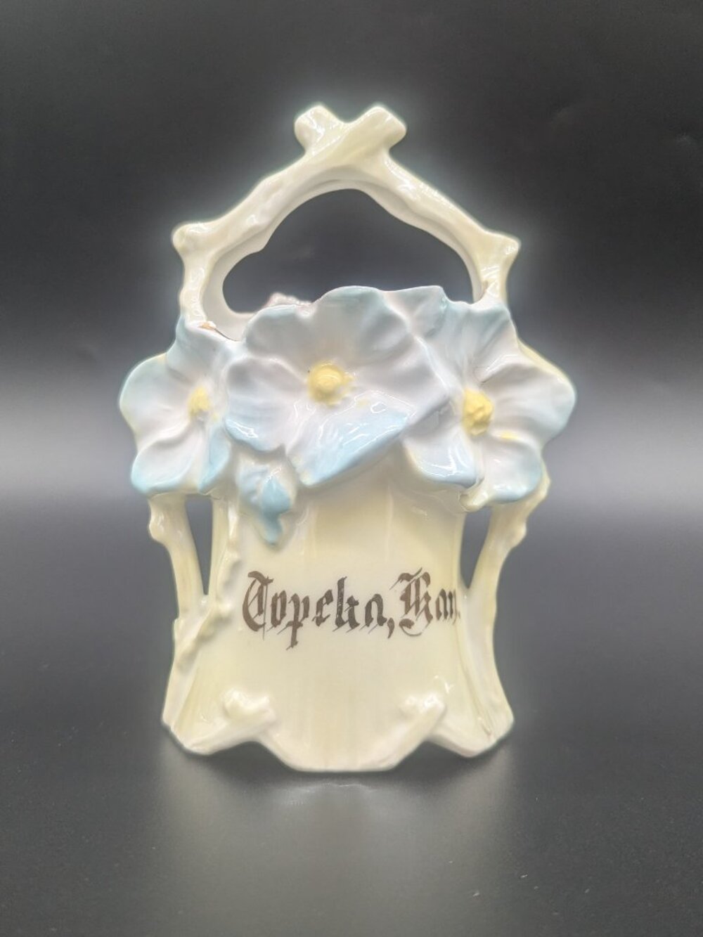 Antique Topeka Kansas Souvenir Porcelain Blue Flowers Yellow Lusterware Germany